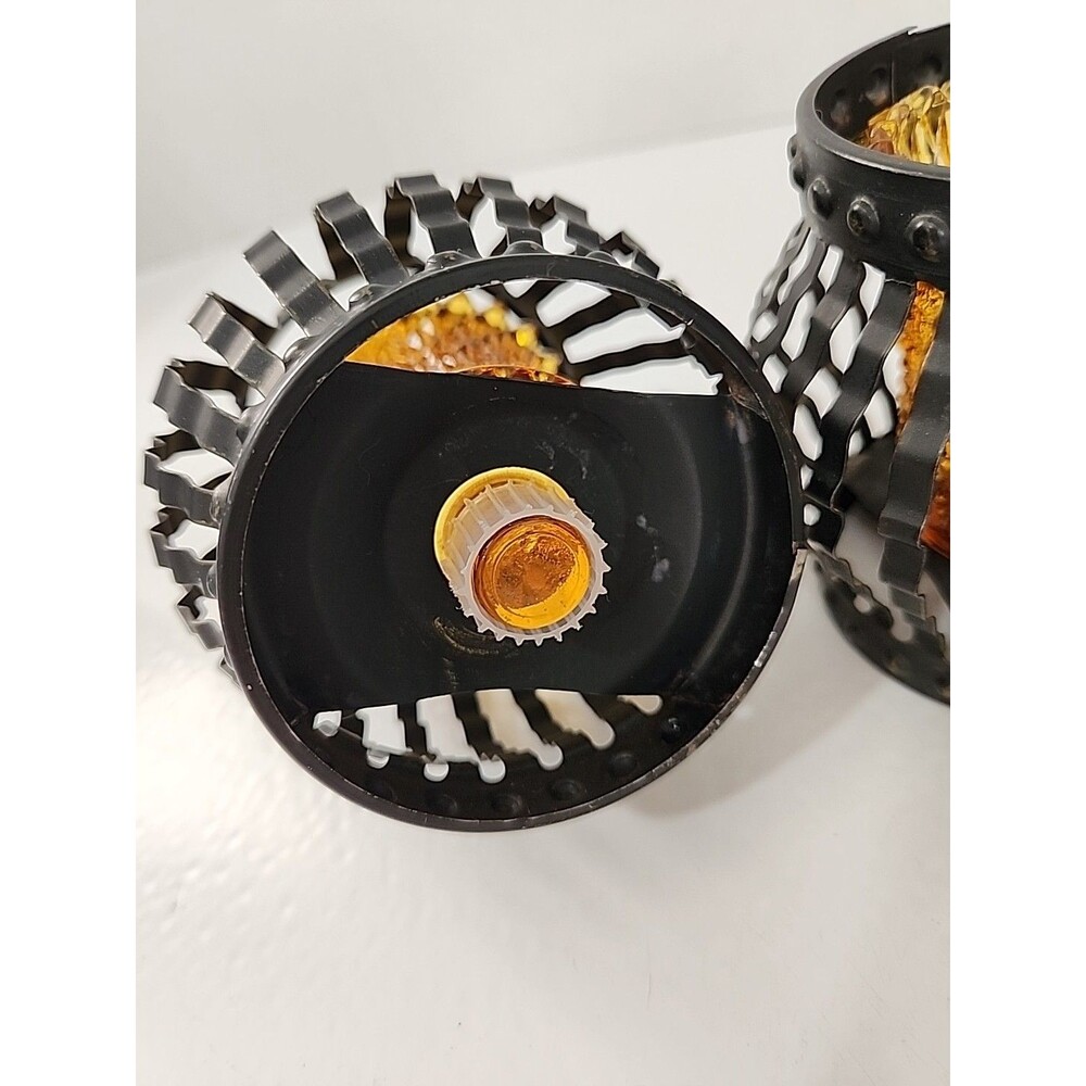 Vintage Candle Holder Black Metal Cage Set 2 Amber Glass Votive MCM - Picture 5 of 7